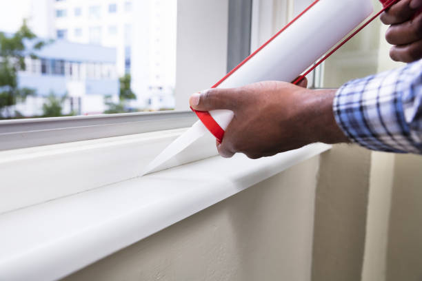 Close Up Of Person Hand Applying Silicone Sealant With Silicone Gun On Window